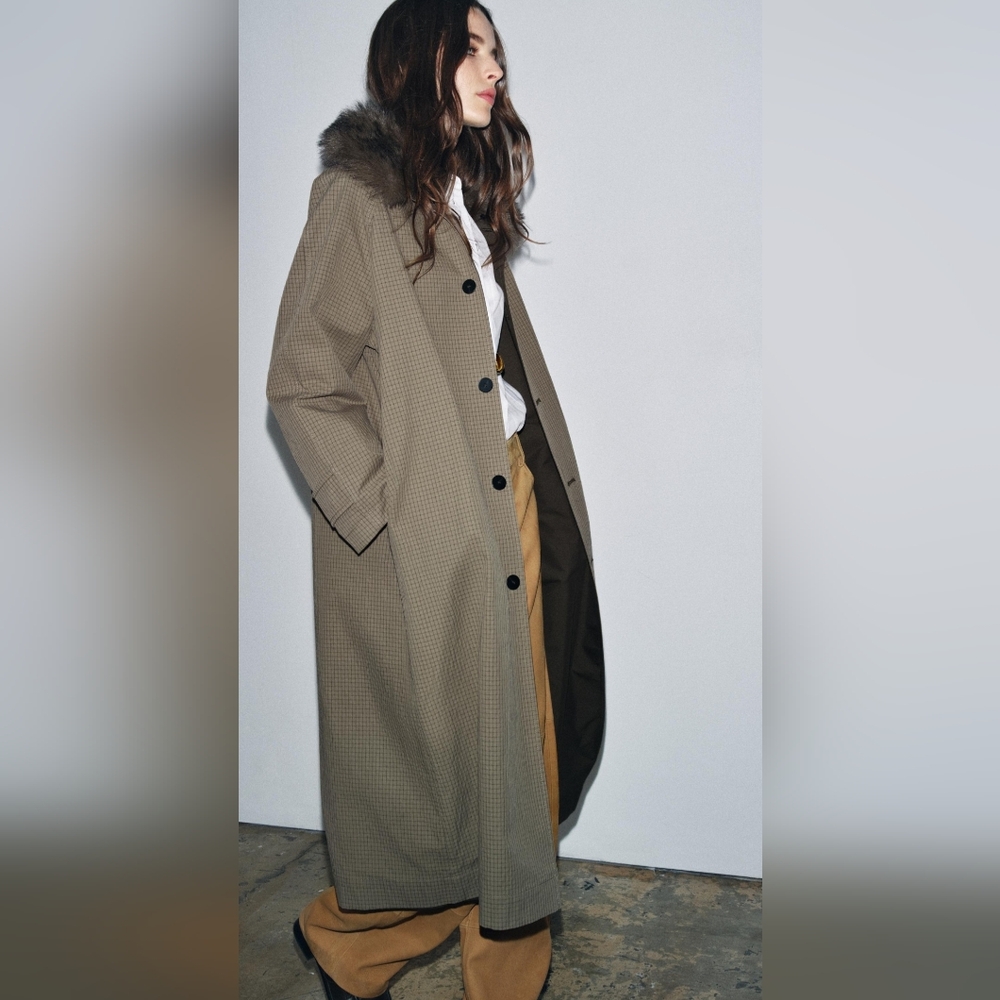 ZARA ZW LIMITED EDITION REVERSIBLE TRENCH COAT  REMOVABLE FAUX FUR COLLAR 💚💚💚